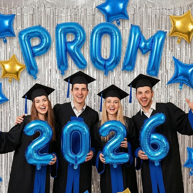 Prom 2026 Balloons Banner, 16 inch Blue Letter Balloons Prom 2026 Sign Decoration with Blue Gold Star Balloon for Class of 2026 Congrats Grad Party Birthday Retirement Graduation Party Supplies