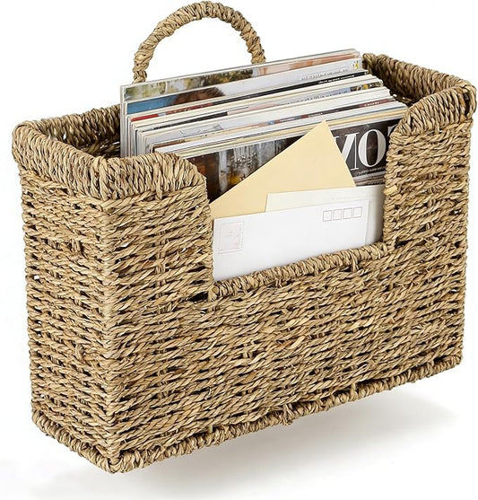 Woven Hanging Basket for Wall, Magazine and Mail Organizer Holder with Sturdy Frame,Seagrass Magazines Baskets Also Stands on Tabletop, Wall Mount Storage Rack for Home Office