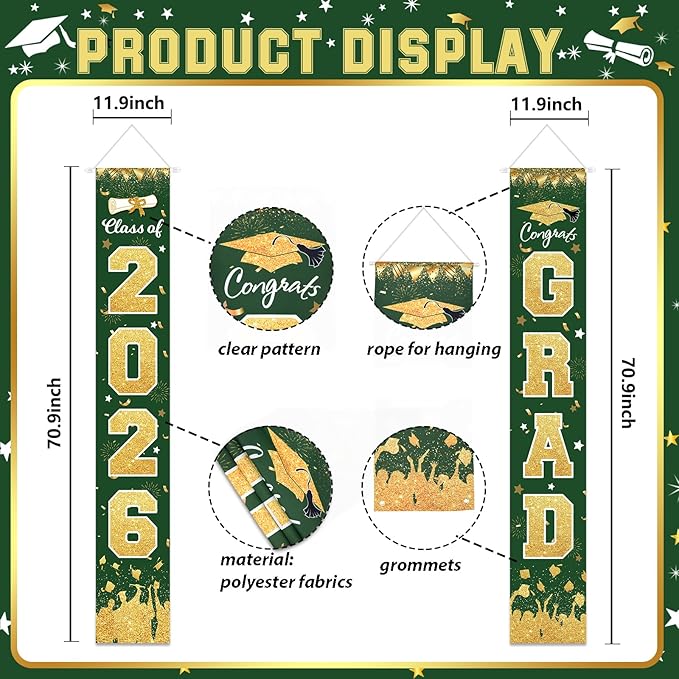 2026 Graduation Party Decorations - Green Gold Class of 2026 Congrats Grad Porch Sign Banner Hanging Flag Graduation Party Supplies for School College Classroom Decor