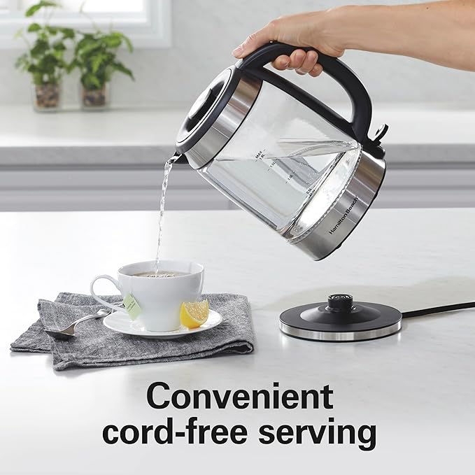 Hamilton Beach Electric Tea Kettle, Water Boiler & Heater, 1.8 Liter, Cordless Serving, 1500 Watts for Fast Boiling, Auto-Shutoff and Boil-Dry Protection, Easy-View Glass (40853C)