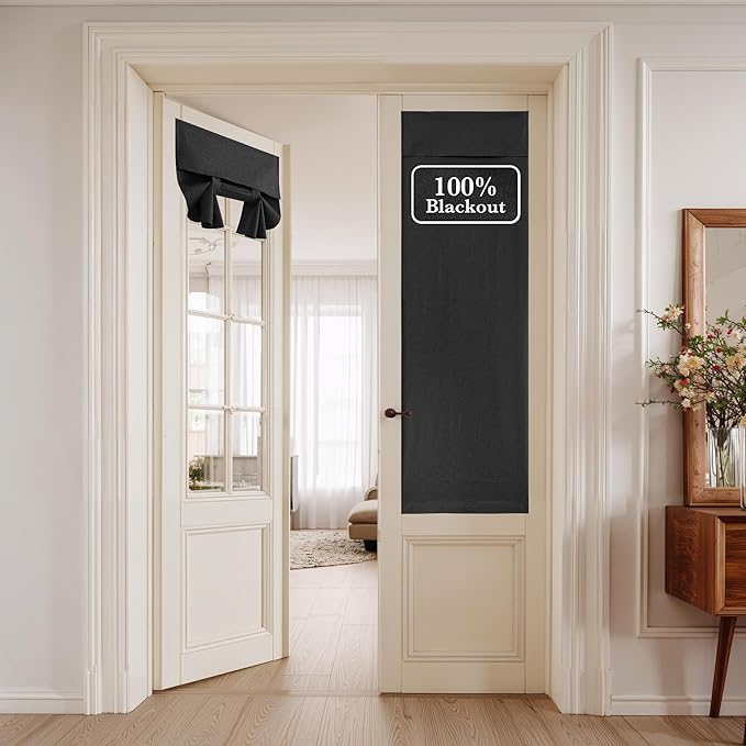 NICETOWN 100% Blackout Linen Black Door Curtains for Window, Privacy French Door Curtain 69 Inches Long for Kitchen Living Room, Room Darkening Tie Up Shade, 1 Panel, 26W x 69" L