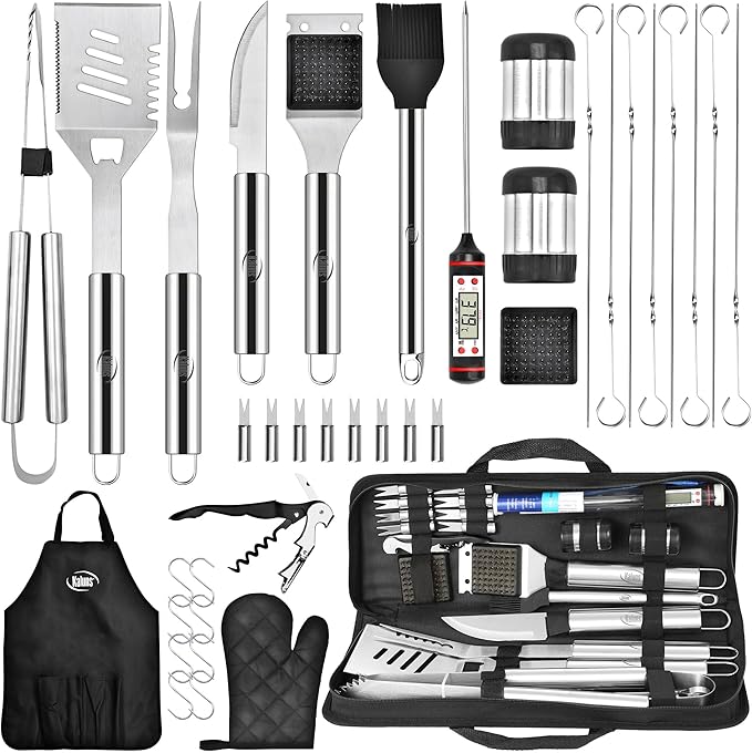Kaluns Grilling Accessories, Dad Gifts for Fathers Day, Heavy Duty Stainless Steel Grill Set BBQ Grill Accessories for Outdoor Grill with Meat Thermometer, Case and Apron