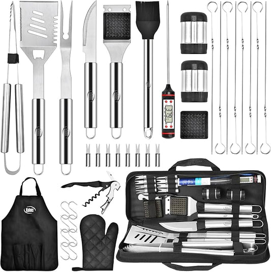 Kaluns Grilling Accessories, Dad Gifts for Fathers Day, Heavy Duty Stainless Steel Grill Set BBQ Grill Accessories for Outdoor Grill with Meat Thermometer, Case and Apron