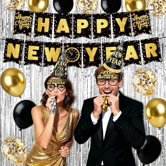 New Years Decorations 2026, New Years Eve Party Supplies 2026 with Happy New Year Banner Silver Fringe Curtains 32inch 2026 Balloons Hats Glasses Noise Makers for NYE Decorations 2026