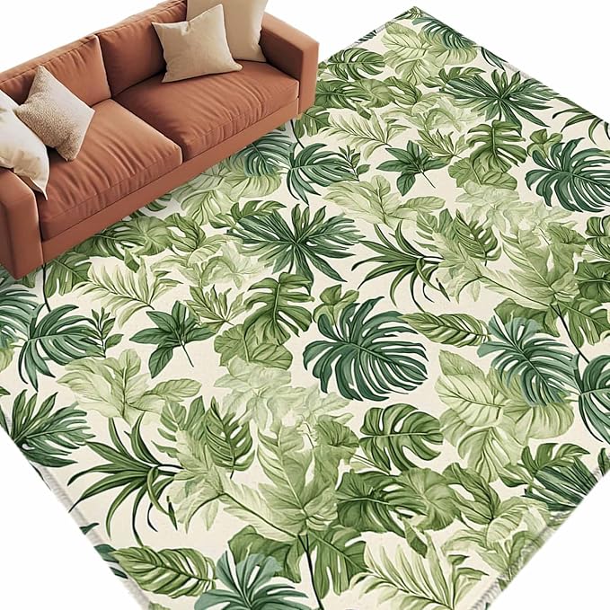 Area Rug 6x9ft, Green Palm Leaf Watercolor Washable Rugs for Living Room Bedroom, Summer Tropical Leaves Soft Non-Slip Area Rugs Rectangle Floor Carpet for Dining Room