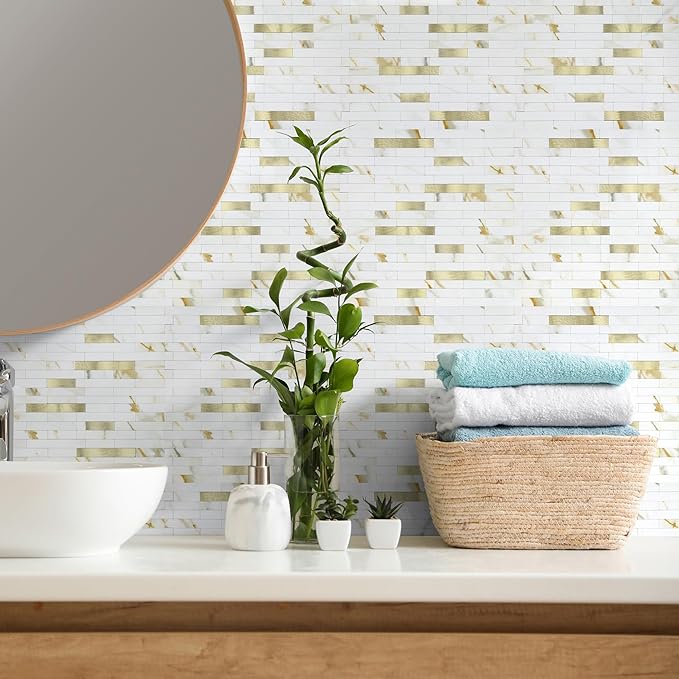 20 - Sheet Peel and Stick Backsplash Wall Tile, PVC Kitchen Backsplash, Stick on Tiles for Backsplash Kitchen (12'' X 12'', White with Gold)