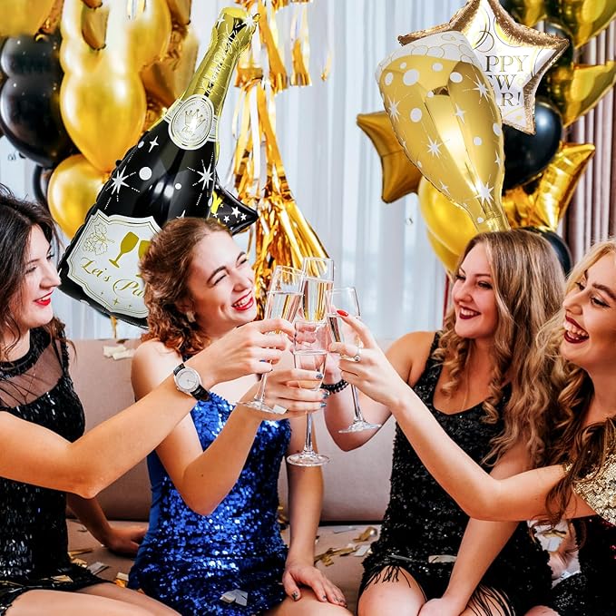 106 Pcs Black and Gold Confetti Balloons Arch Kit, Huge Black Gold Champagne Bottle Goblet Aluminum Foil Balloons for College, Kindergarten Grad, 2026 Graduation Party Decorations Supplies