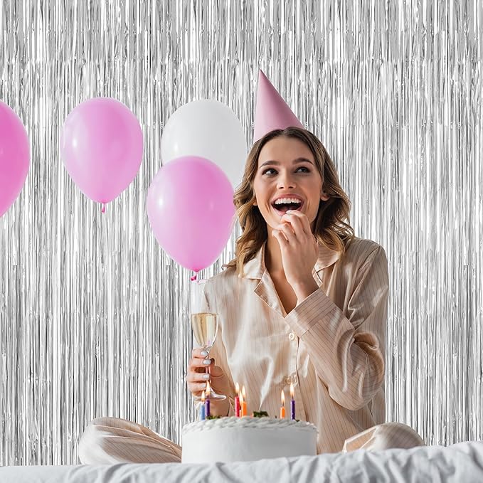 4 Pack Party Decorations, Metallic Silver Backdrop, Photo Booth Props Silver Curtains Tinsel Backdrop Foil Streamer, 21st Birthday Decorations Bachelorette Decor