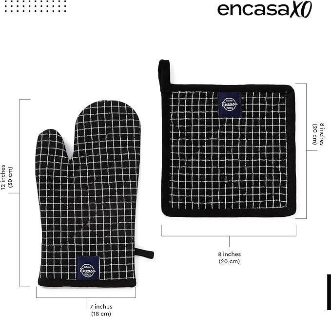 Encasa XO Heat Resistant 100% Cotton Oven Glove & Potholder Set with Loop, Kitchen Cooking Mittens, Microwave Safe Hot Pads (Butcher Checks Black)