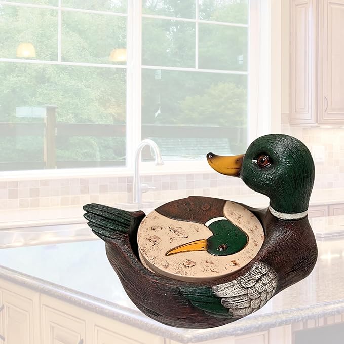 BestGiftEver Mallard Duck Coaster Set of 4 - Round Polyresin Bar Coasters for Drinks, Lakehouse-Themed Kitchen Bar Decoration, Pond and Lake Bird Waterfowl for Tabletop Protection