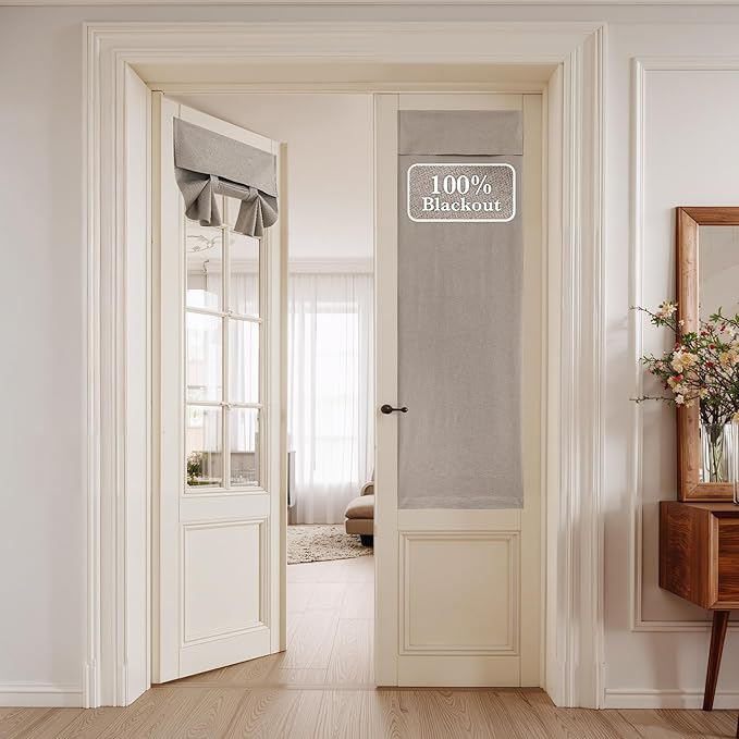 NICETOWN 100% Linen Blackout French Door Curtain for Window, Thermal Insulated Room Darkening Window Covering for Kitchen Office Nursery, Tie Up Shade for Privacy, 1 Panel, 26W x 69L, Taupe