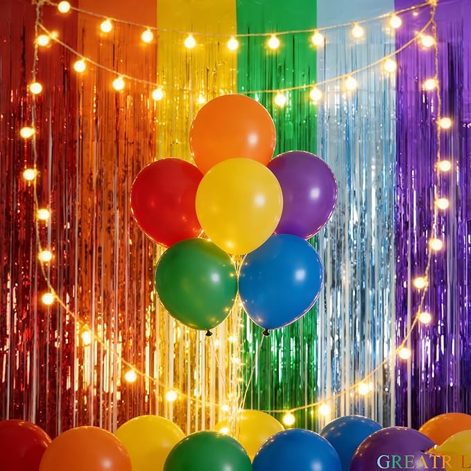 Rainbow Foil Fringe Curtains - GREATRIL Metallic Tinsel Streamers Backdrop for Birthday/Pride/Rainbow/Watermelon Themed Party Decorations 8.2ft x 3.2ft 2 Packs
