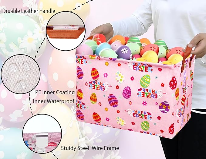 Large Rectangular Easter Baskets Empty Waterproof Boy Toy Box Foldable Kid's Gifts Storage Bin Spring Room Decor(HAPPY Pink Rabbit Egg)