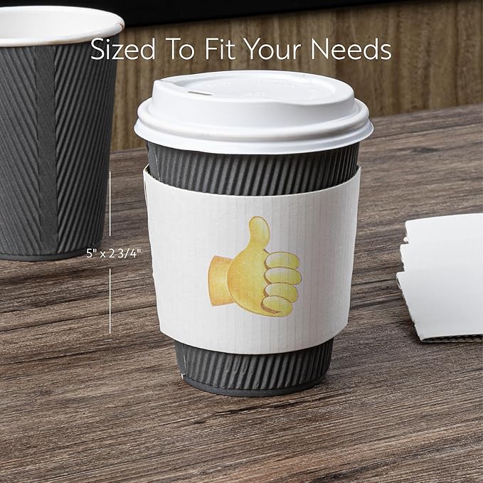 Restaurantware SLEEVES ONLY: Restpresso 5.1 x 2.8 Inch Coffee Cup Sleeves 50 Corrugated Hot Cup Sleeves - Thumbs-Up Emoji Heat-Tolerant White Paper Disposable Coffee Sleeves Secure Grip