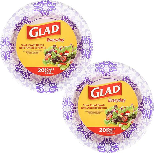Glad Round Disposable Paper Bowls, Purple Victorian Design - Heavy Duty, Soak-Proof, Cut-Resistant, Microwavable Paper Bowls for All Foods and Daily Use, 12 oz, 20 Count - 2 Pack