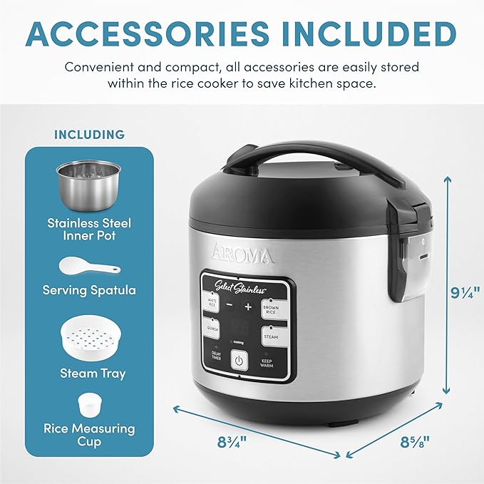 AROMA® Select Stainless® Rice Cooker, 4-Cup (Uncooked) / 8-Cup (Cooked), 2 Qt, Stainless Steel Inner Pot, Multicooker, Steamer, Stainless Steel, ARC-914SBDS