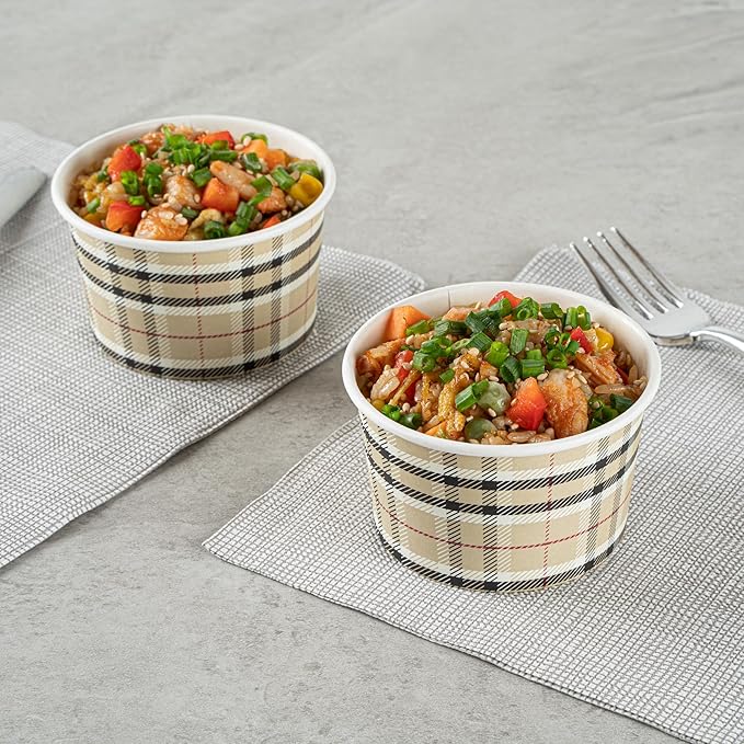 Restaurantware Coppetta 5 Ounce Dessert Cups, 50 Disposable Ice Cream Cups - Lids Sold Separately, Sturdy, Plaid Paper FroYo Bowls, For Hot And Cold Foods, Perfect For Gelato Or Mousse