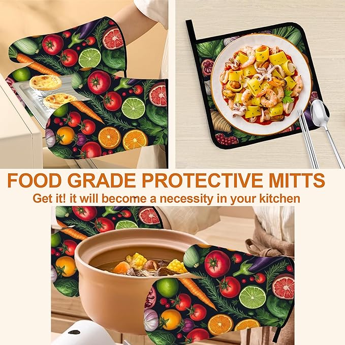 Oven Mitts and Hot Pads Set - Vegetables Design, Heat Resistant Cute Pot Holders for Kitchen, Baking Gifts for Women