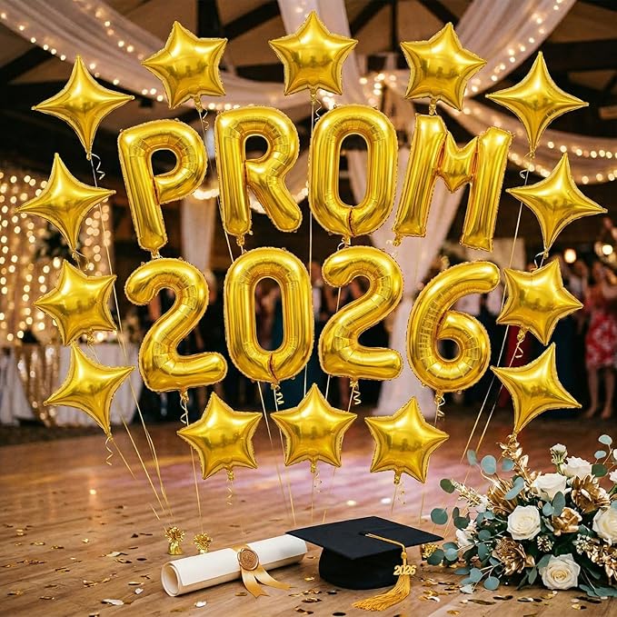 Prom 2026 Balloons Banner, 16 inch Gold letter Balloons Prom 2026 Sign Decoration with Gold Star Balloon for Class of 2026 Congrats Grad Party Birthday Retirement High School Graduation Party Supplies