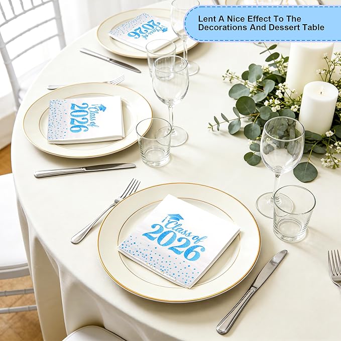 Graduation Napkins - Class of 2026 Napkins Disposable Paper Napkins Congrats Grad Cocktail Napkins Graduation Decorations 2026 Light Blue Napkins Hand Towels for Graduation Party Decorations 50 Pcs