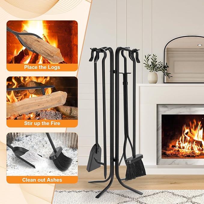 FEED GARDEN Hand Forged Iron Fireplace Tools Set 5-Piece Wrought Iron 28 Inch Fire Place Set Tools with Stand for Indoor Outdoor Heavy Duty Fireplace Accessories Poker, Tongs, Shovel, Brush, Base