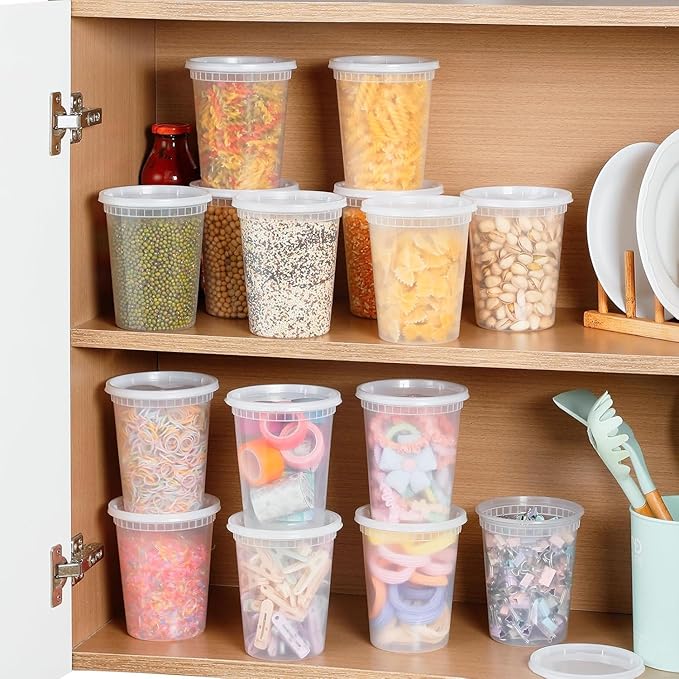 Plastic Deli Containers with Lids 64oz (Pack of 12) – Leak-Proof, BPA-Free Food Storage Containers for Soup, Slime & Meal Prep, Stackable, Microwave, Dishwasher Safe, Reusable Clear Plastic
