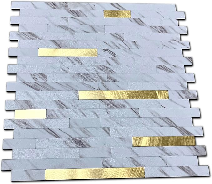 10-Sheet Peel and Stick Backsplash Tile, PVC Mixed Metal Stick on Kitchen, Bathroom Vanities, Fireplace Décor, Laundry Table (White Marble + Golden-2)