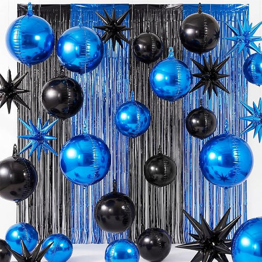 Seenelling 25 Pcs Blue and Black Graduation Party Decorations 2026 Sets 22 Inch 4d Large Stars Balloons with Metallic Tinsel Foil Fringe Backdrop Curtains for Birthday Anniversary Wedding Decor