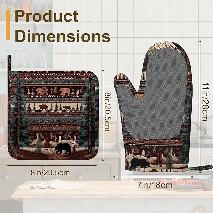 Oven Mitts and Pot Holders Vintage Bear Mountain Silicone Kitchen Accessories Set of 4 Heat Resistant Gloves Potholder Non-Slip Grip for Chef Cooking Baking Grilling BBQ