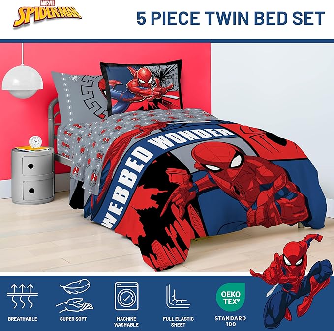 Jay Franco Marvel Spiderman Webbed Wonder 5 Piece Twin Bed Set - Includes Comforter & Sheet Set - Bedding Features Spiderman - Super Soft Fade Resistant Polyester - (Official Marvel Product)
