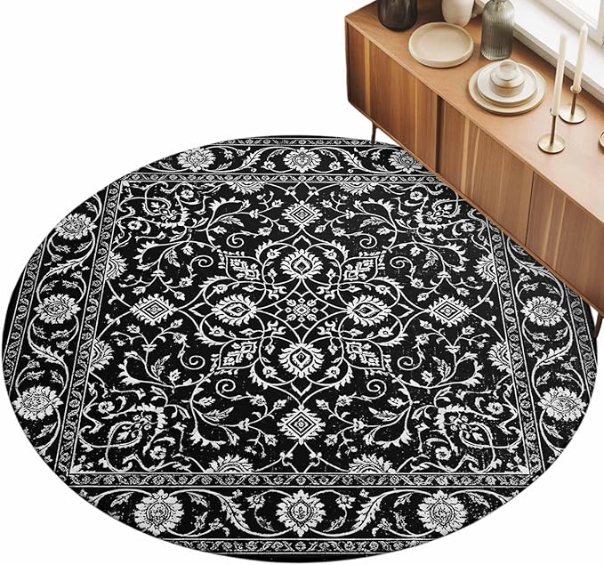 Washable Round Area Rug Paisley Vintage Black Floral Circle Rugs Floor Carpet for Living Room Bedroom, Classic Flower Texture Soft Non Slip Round Rug 5ft