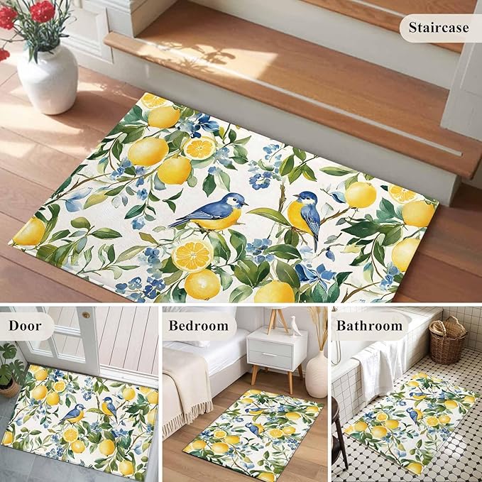 Area Rug 2x3ft, Pastoral Vintage Lemon Blue Bird Washable Rugs for Living Room Bedroom, Retro Yellow Fruit Flowers Soft Non-Slip Area Rugs Rectangle Floor Carpet for Dining Room