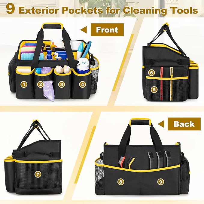 PGmoon Extra-Large Cleaning Caddy Organizer with Handle, Cleaning Supplies Tote Bag Built-in Support Boards, Cleaning Tool Organizer for Cleaners, Housekeepers, Kitchen Cleaning Supplies