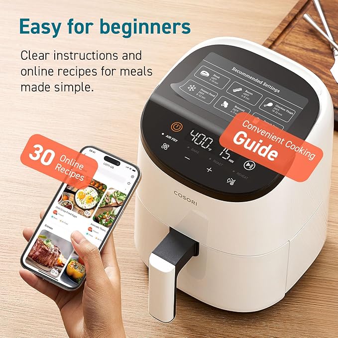 Cosori Small Air Fryer Oven 2.1 Qt, 4-in-1 Mini Airfryer, Bake, Roast, Reheat, Space-saving & Low-noise, Nonstick and Dishwasher Safe Basket, 30 In-App Recipes, Sticker with 6 Reference Guides, White