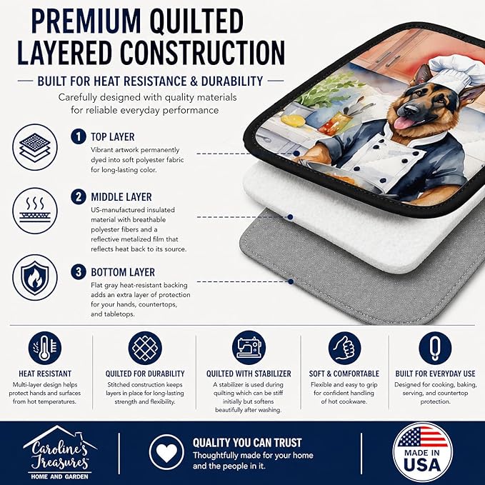 Caroline's Treasures German Shepherd The Chef Pair of Pot Holders Kitchen Heat Resistant Pot Holders Sets Oven Hot Pads for Cooking Baking BBQ, 7 1/2 x 7 1/2