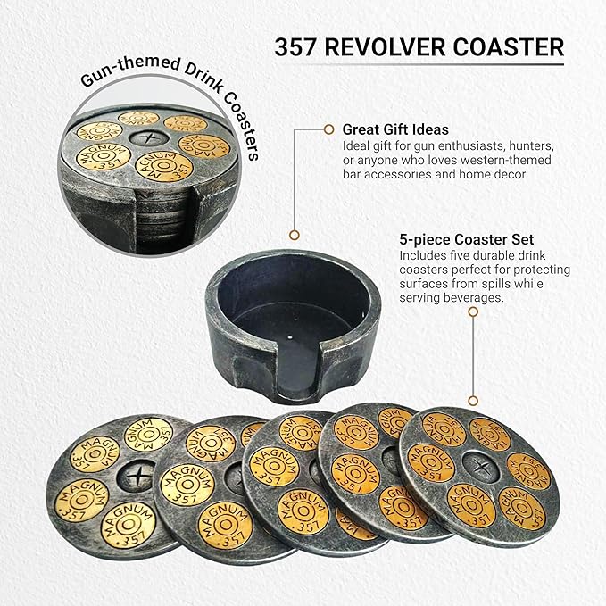 Pine Ridge 357 Revolver Coaster- 5 Piece Drink Coaster Set for Kitchen, Dining and Bar Decor