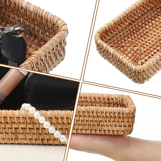 Small Rattan Serving Tray Key Basket for Entryway Natural Wicker Decorative Tray for Keys, Trinkets, Kitchen, Coffee Table