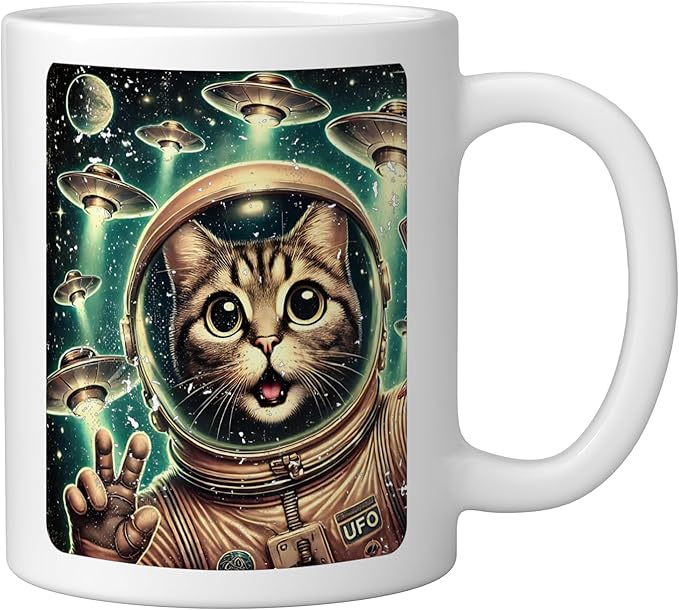 Space Cat Astronaut UFO Funny Sci-fi Alien Selfie Ceramic Mug, White