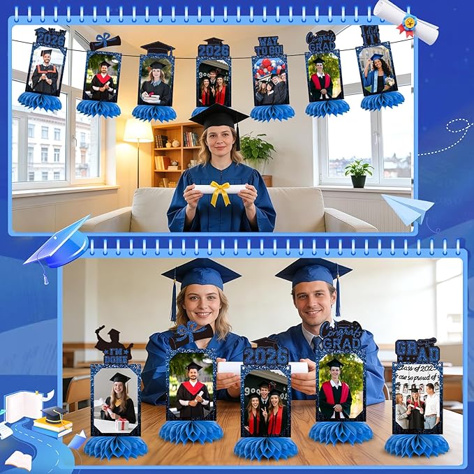 9 PCS Graduation Party Decorations Class of 2026 Honeycomb Centerpieces, Honeycomb Centerpieces for Graduation Photo Toppers Table Decorations. (Grad.Blue)