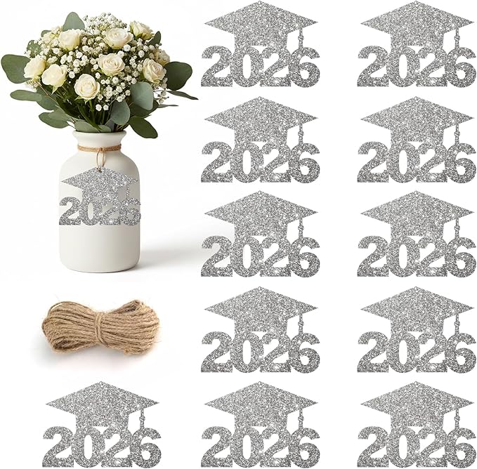 2026 Graduation Party Decorations - 36Pcs Graduation Cutouts Tags Silver Glitter 2026 Numbers for Graduation Table Centerpieces Class of 2026 Cutouts for Graduation Party Supplies Favors