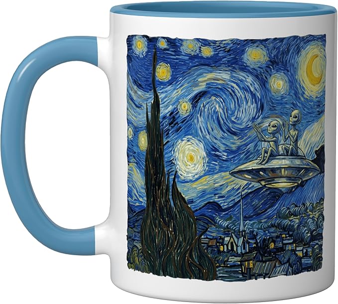 Aliens Saucer UFO Extraterrestrial Fun Starry Night Van Gogh Ceramic Mug, Blue/White