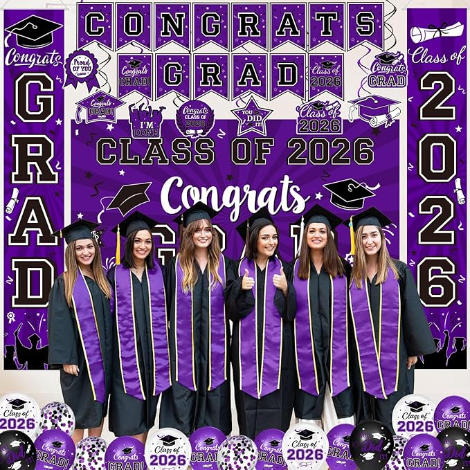 Graduation Decorations Class of 2026 Set - Purple Themed Congrats Grad Banner & Backdrop, Hanging Swirls, Porch Sign, Balloons, Foil Number 2026 for High School & College Celebrations