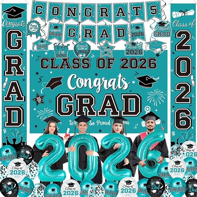 Graduation Teal Decorations 2026 Include Grad Backdrop, Banner, Hanging Swirls, Porch Sign, Balloons for Congrats Grad Party Decorations