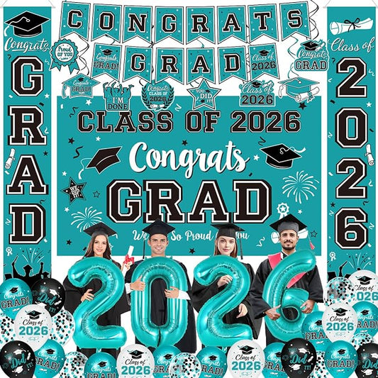 Graduation Teal Decorations 2026 Include Grad Backdrop, Banner, Hanging Swirls, Porch Sign, Balloons for Congrats Grad Party Decorations