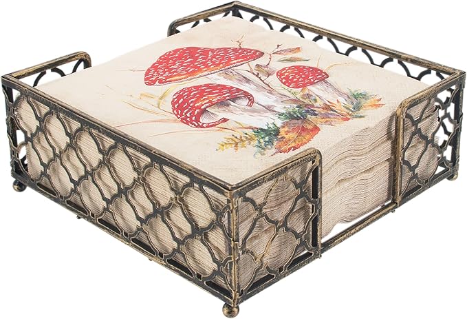 Boston International Paper Napkin Holder Caddy Dispenser for Kitchen Dining Buffet & Bar Countertops, 6.75" x 6.75" (Fits Lunch Size), Antique Brass Trellis
