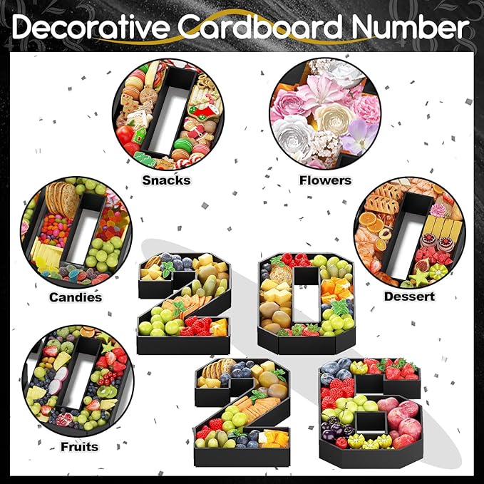 2026 Numbers for Charcuterie Fillable Cardboard Number 13.8'' Black 2026 Shaped Board Trays for New Year Graduation Party Decorations Food Candy Paper Mache Cupcake Pans Cookies Box Container