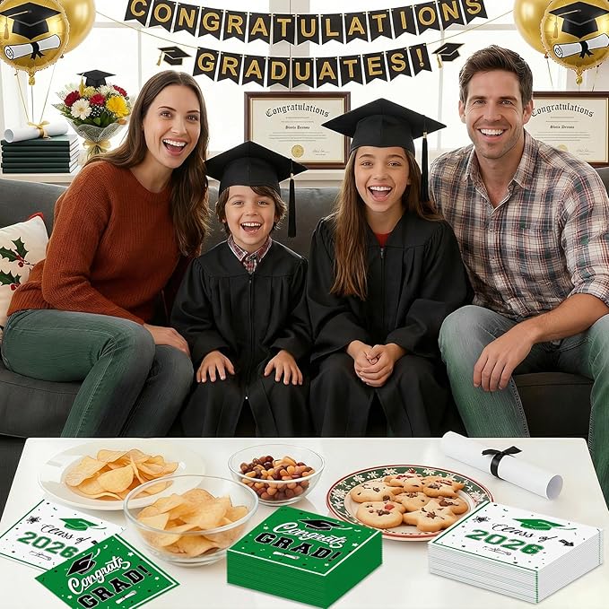 50 Pcs Graduation Napkins Decorations - Green Class of 2026 Congrats GRAD 3-Ply Paper Cocktail Dinner Napkins Set for 2026 Graduation Party Supplies Table Decor Favors, 6.5 x 6.5 Inch