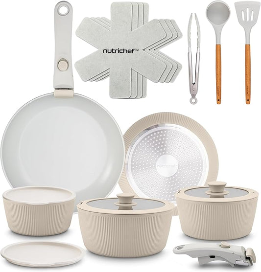 NutriChef 18-Piece Ceramic Cookware Set with Detachable Handles, Space-Saving Nonstick Pots, Pans & Lids, Oven-Safe Bowls, Stackable Storage, Includes Cooking Utensils & Accessories (Cream)