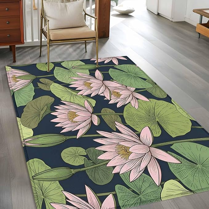 Area Rug 3x5ft, Pink Lotus Water Lily Dark Green Leaves Washable Rugs for Living Room Bedroom, Oriental Style Soft Non-Slip Area Rugs Rectangle Floor Carpet for Dining Room
