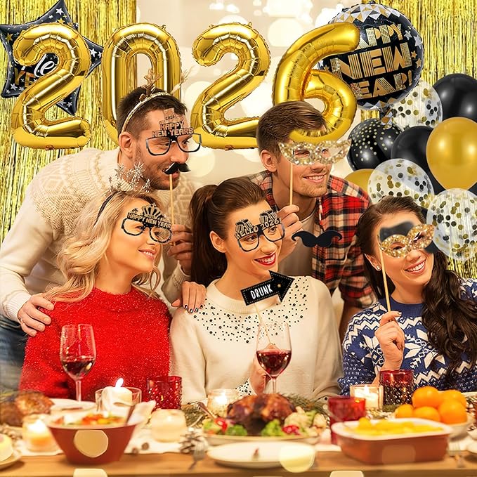 New Years Eve Party Supplies 2026, Black Gold New Years Foil Balloon Decorations Banner Hats Glasses Noisemakers Blowouts Curtains Numbers 2026 Balloons Photo Props for NYE Party Decorations